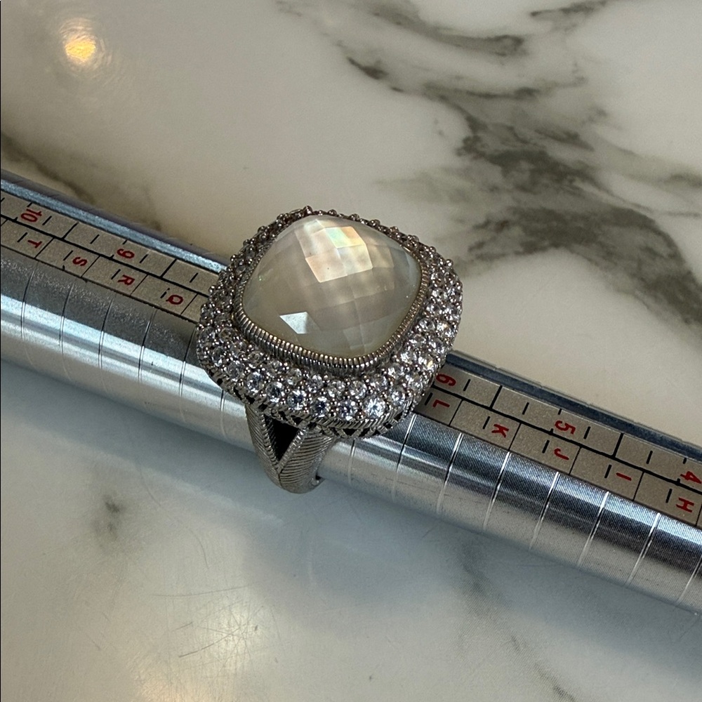 Judith Ripka Sterling silver, CZ, and mother of pearl quartz ring, size 7